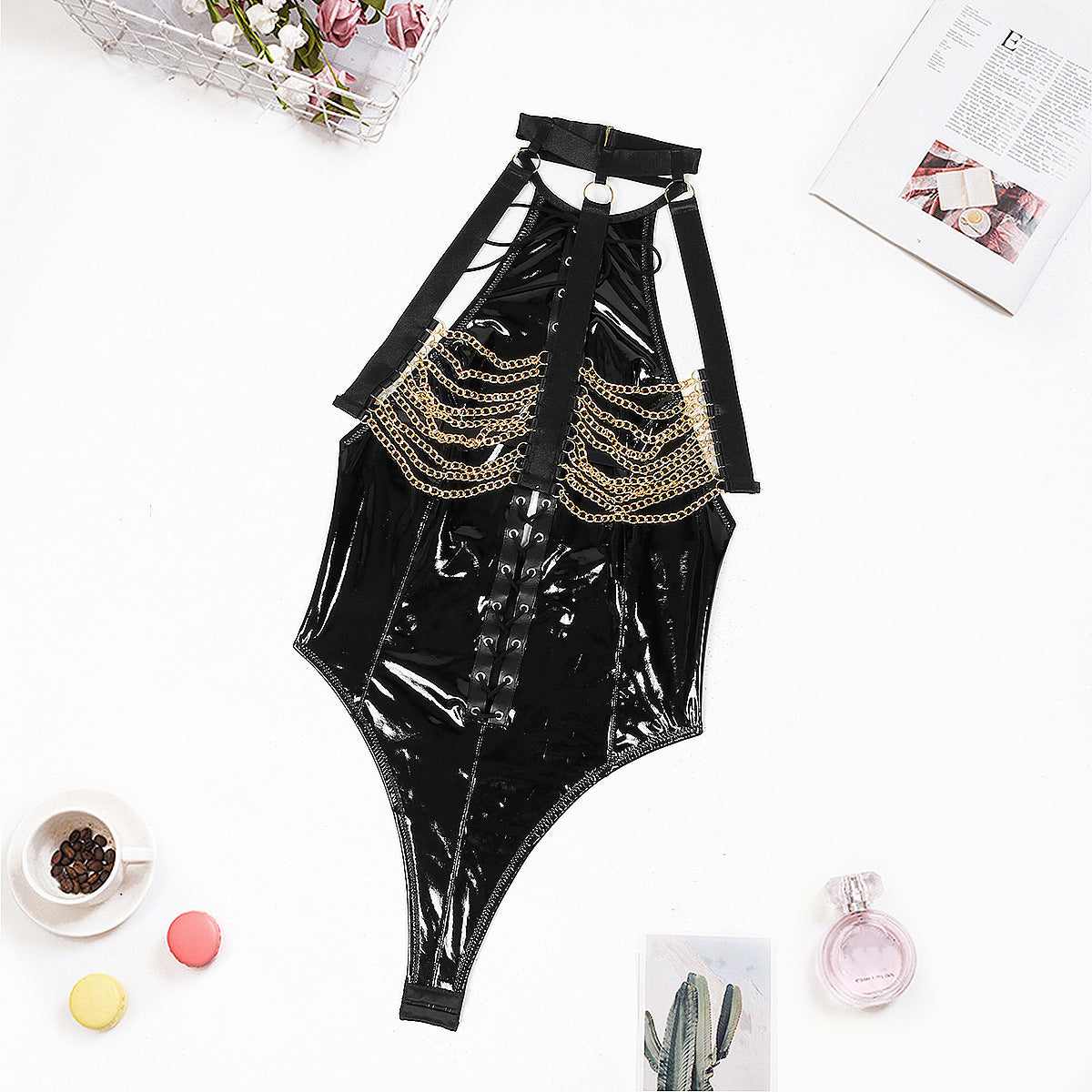 Metal chain patent leather uniform passionate lingerie jumpsuit