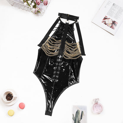 Metal chain patent leather uniform passionate lingerie jumpsuit