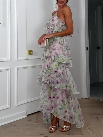 Bloemen halternek mouwloze ruchejurk