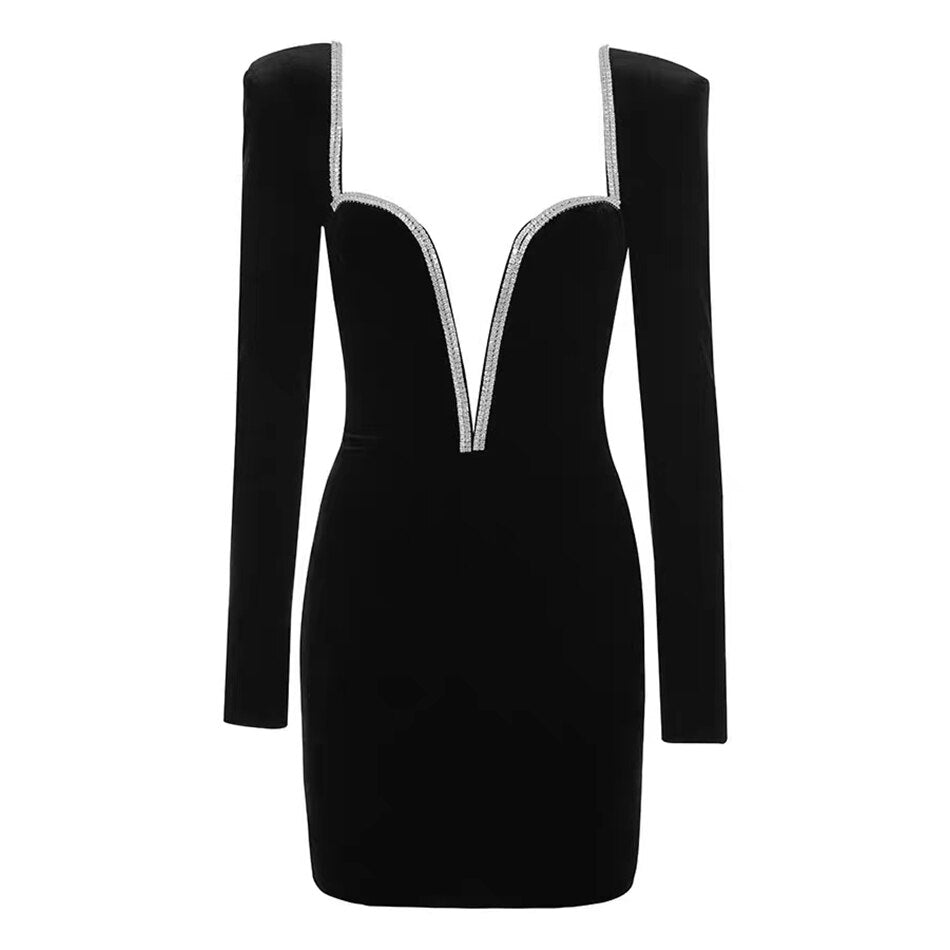 Winter Black Long Sleeve Deep V Neck Club Mini Dress Sexy Women Luxury Diamonds Celebrity Party Bodycon Dresses