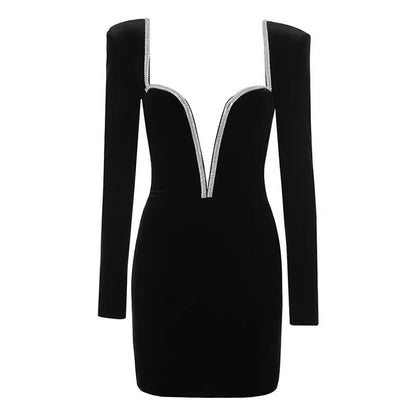 Winter Black Long Sleeve Deep V Neck Club Mini Dress Sexy Women Luxury Diamonds Celebrity Party Bodycon Dresses