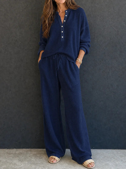 Women's Solid Color Knit Rib Top Straight Pants Set