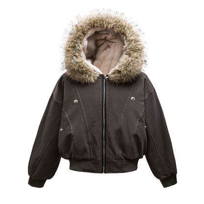 Canvas jacket met capuchon imitatiebont kraag en voering