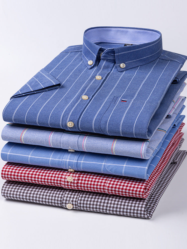 Men's 100% Cotton Plaid Short Sleeve Shirt Oxford Casual Square Collar