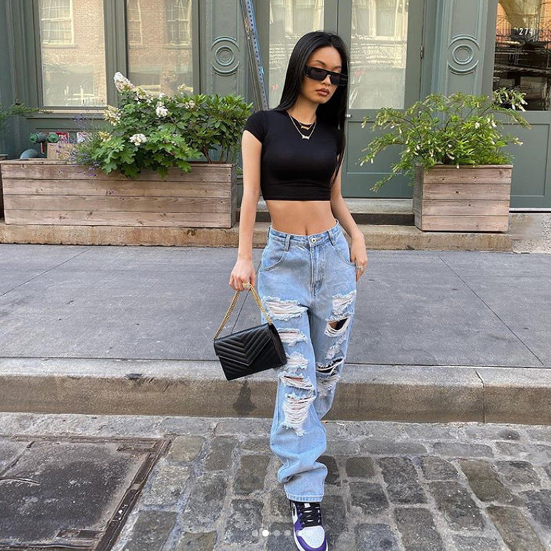 Amerikaanse Street Ripped Jeans Dames Lichte Kleur Hoge Taille