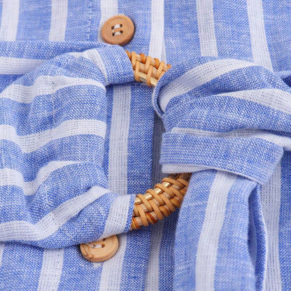 European and American Summer New Fashionable Linen Blended Striped Midi Belt Dress