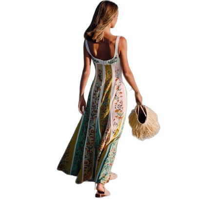 Elegant Linen Print Strapless Dress with Loose Fit for Spring and Summer Vacation