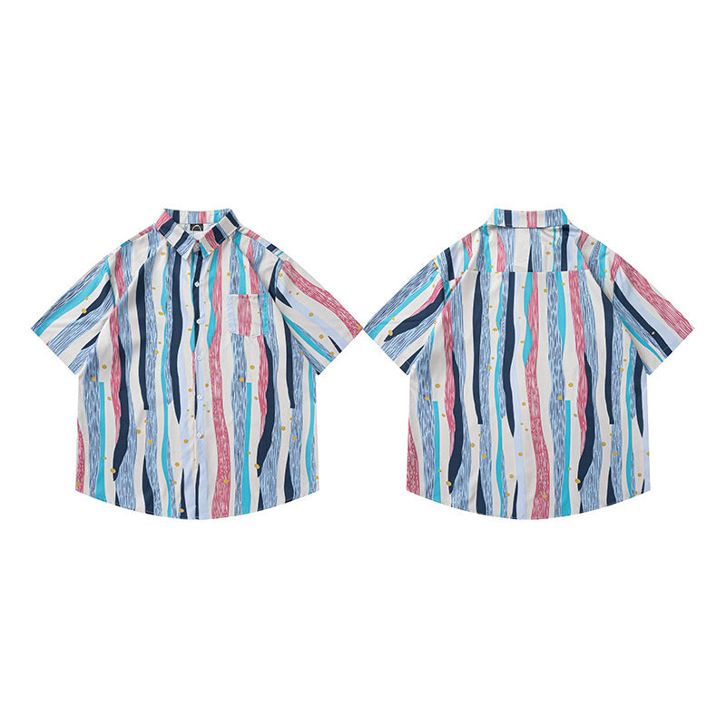 Painting Stripe Beach Short Sleeve Shirt for Men Summer New Arrival
