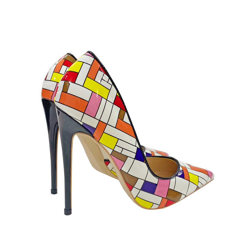 Colored Plaid Empty High Heels Shoes 12cm Pointed Toe Stiletto Pumps