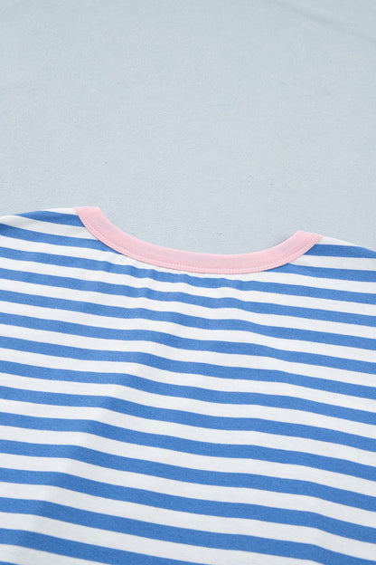 Gestreepte mini-jurk met strik contrasterende bies korte mouwen en ronde hals