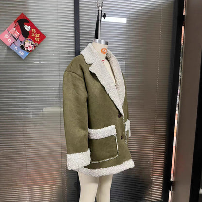 Simulated suede fabric symmetrical large pocket simple coat