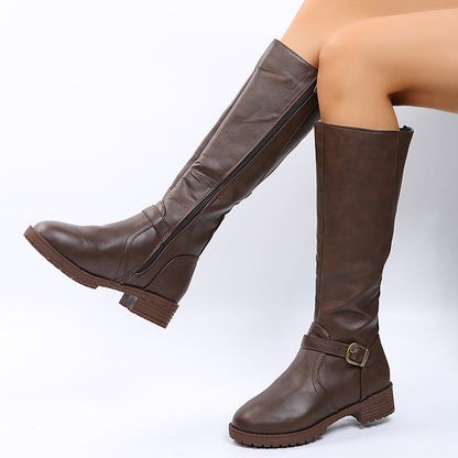 Women's Zip-Up Low Heel High Tube Leather Boots with Knight Style