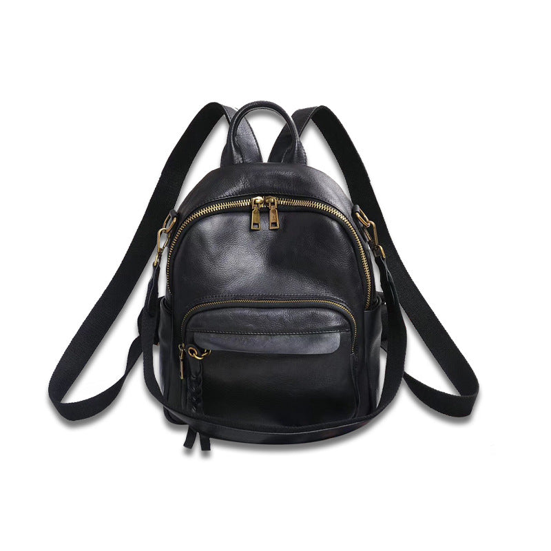 Genuine Leather Backpack Women First Layer Cowhide Retro Solid Color Student Schoolbag