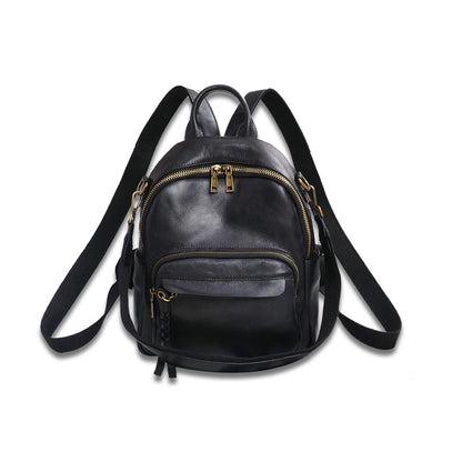 Genuine Leather Backpack Women First Layer Cowhide Retro Solid Color Student Schoolbag
