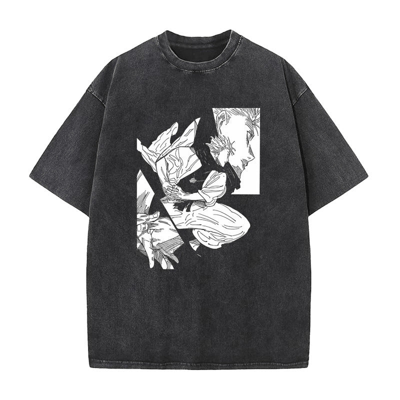 Summer AnimePrinted T-Shirt Cotton Washed Vintage Short Sleeve