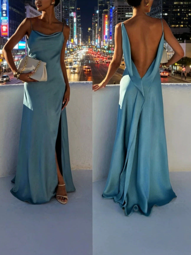 Satin Backless Long Dress with High Slit
