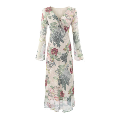 Womens V-Neck Printed Slim-Fit Dress
