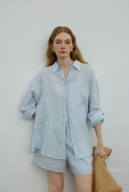 Womens Linen Casual Oversized Shirt Shorts Set