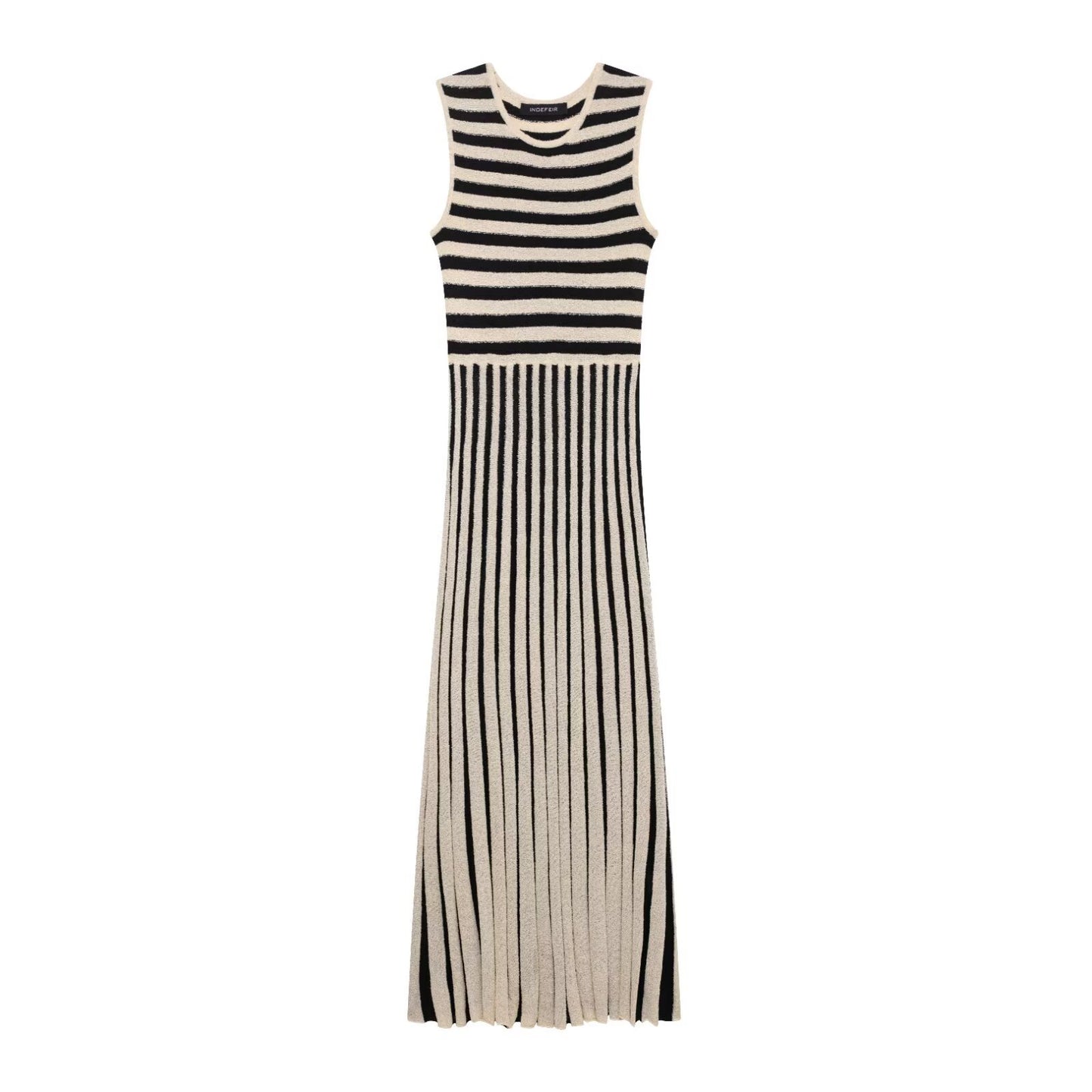 Summer Fashion Round Neck Sleeveless Striped Midi Dress for Women