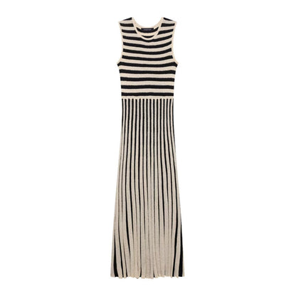 Summer Fashion Round Neck Sleeveless Striped Midi Dress for Women