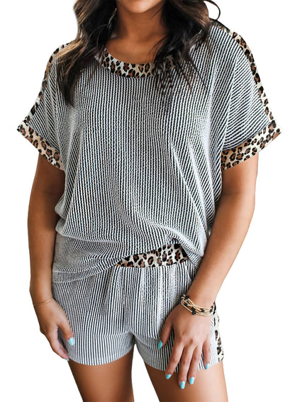 Women's Leopard Print Ribbed T-Shirt and Shorts Set