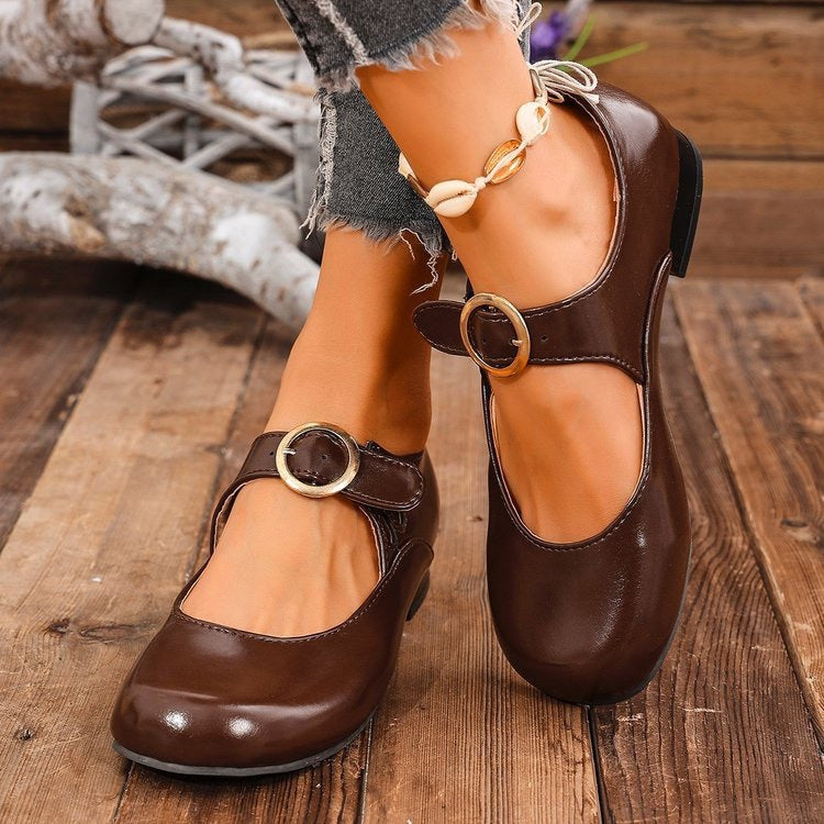 Retro round-toe leather low-heeled soft-soled Mary Jane shoes
