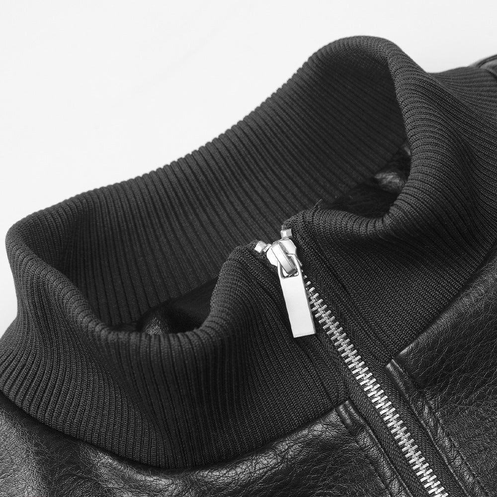 Standing collar leather jacket