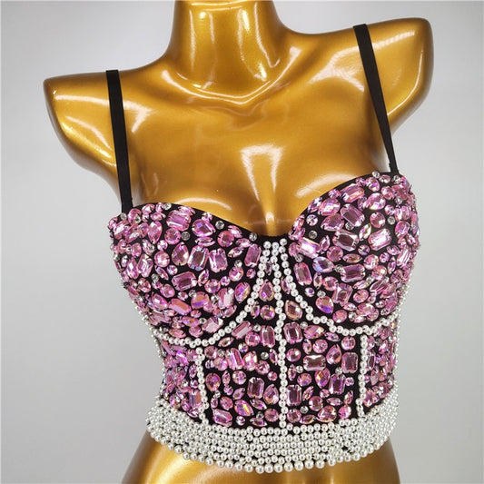 Handgemaakte strass kralen push-up bustier crop top