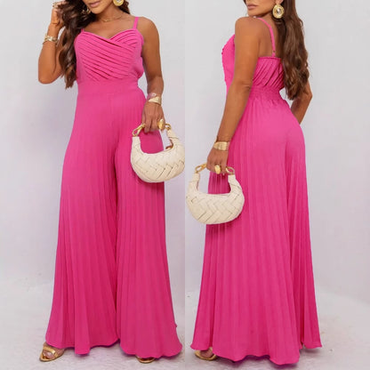 Apricot Pleated Craft Strap Waist Wide Leg Flared Jumpsuit