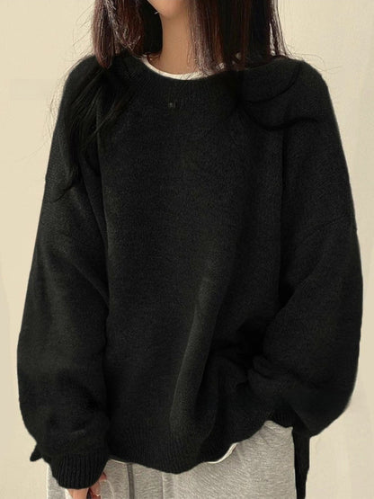 Casual Versatile Solid Color Slit Pullover Loose Long-Sleeve Women's Sweater