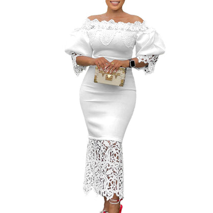 Elegant Lace-Panelled Boat-Neck Dress