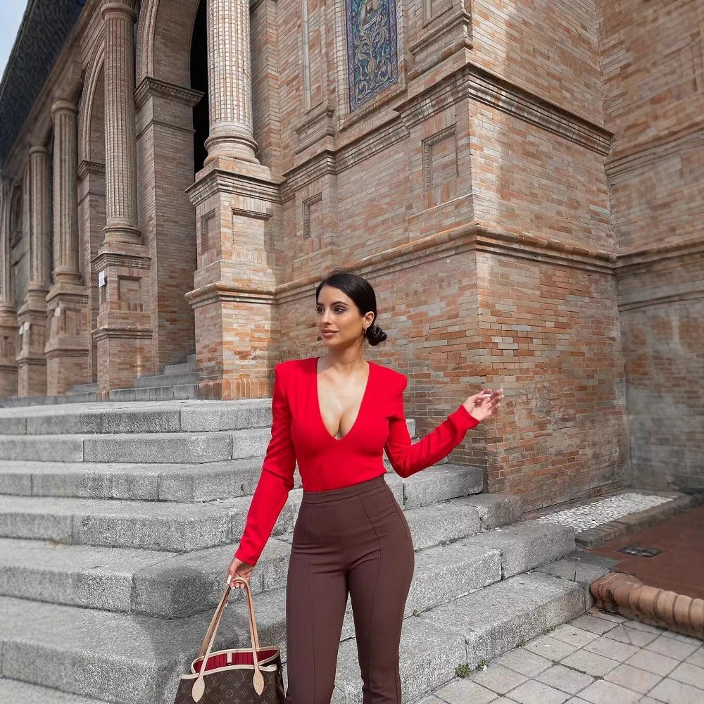 Women's V-neck Padded Shoulder Jumpsuit