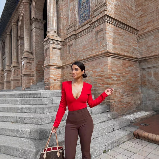 Women's V-neck Padded Shoulder Jumpsuit