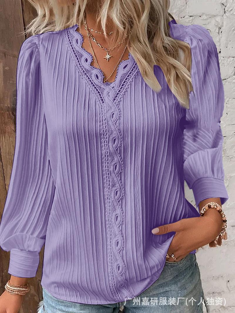 2025 Cross-Border Hot Selling Amazon Autum Long-Sleeved V Neck Lace Splicing Shirt Women's Shirt Women's Clothing Ready Supply