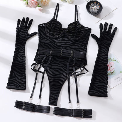 Sexy Lingerie One-Piece Bodysuit with Gloves and Bandage Transparent Mesh Underwear