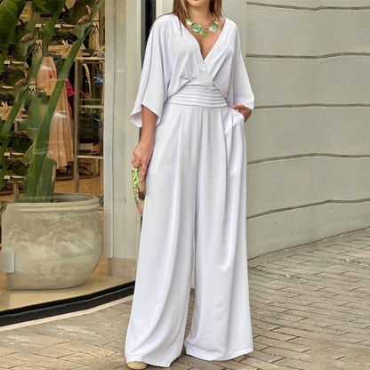 Wide leg pants with loose sleeves V-neck cinched waist pocket jumpsuit