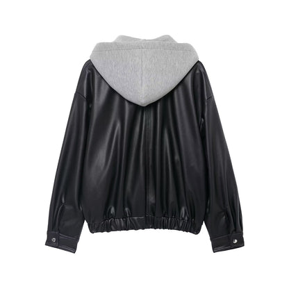Dames faux lederen jack met contrasterende capuchon