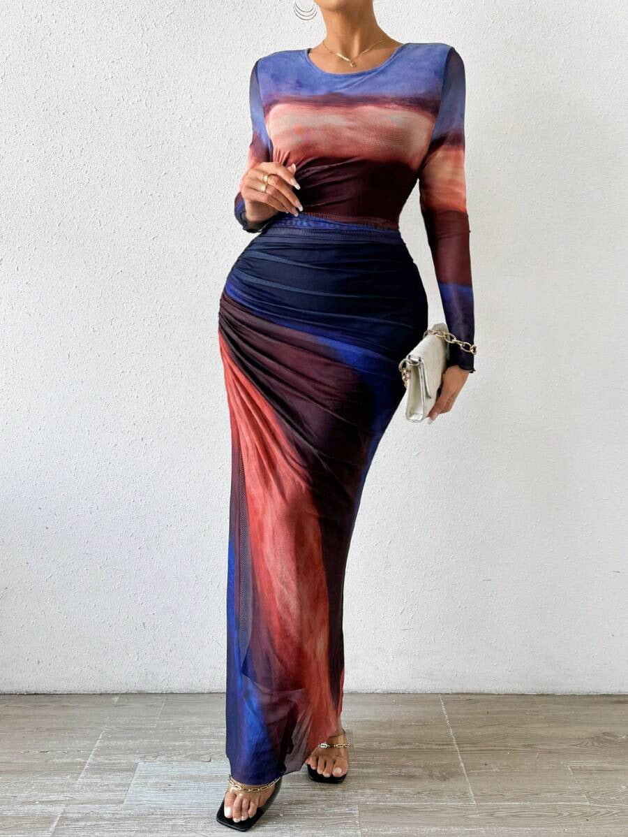 Mesh Print Sleeveless Ruffled Detail Bodycon Round Neck Dress