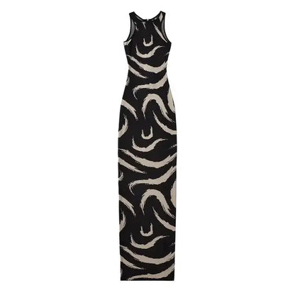 Women Elegant Abstract Maxi Dress Summer Sleeveless Knits Elastic Slim 3 Colors Long Dresses