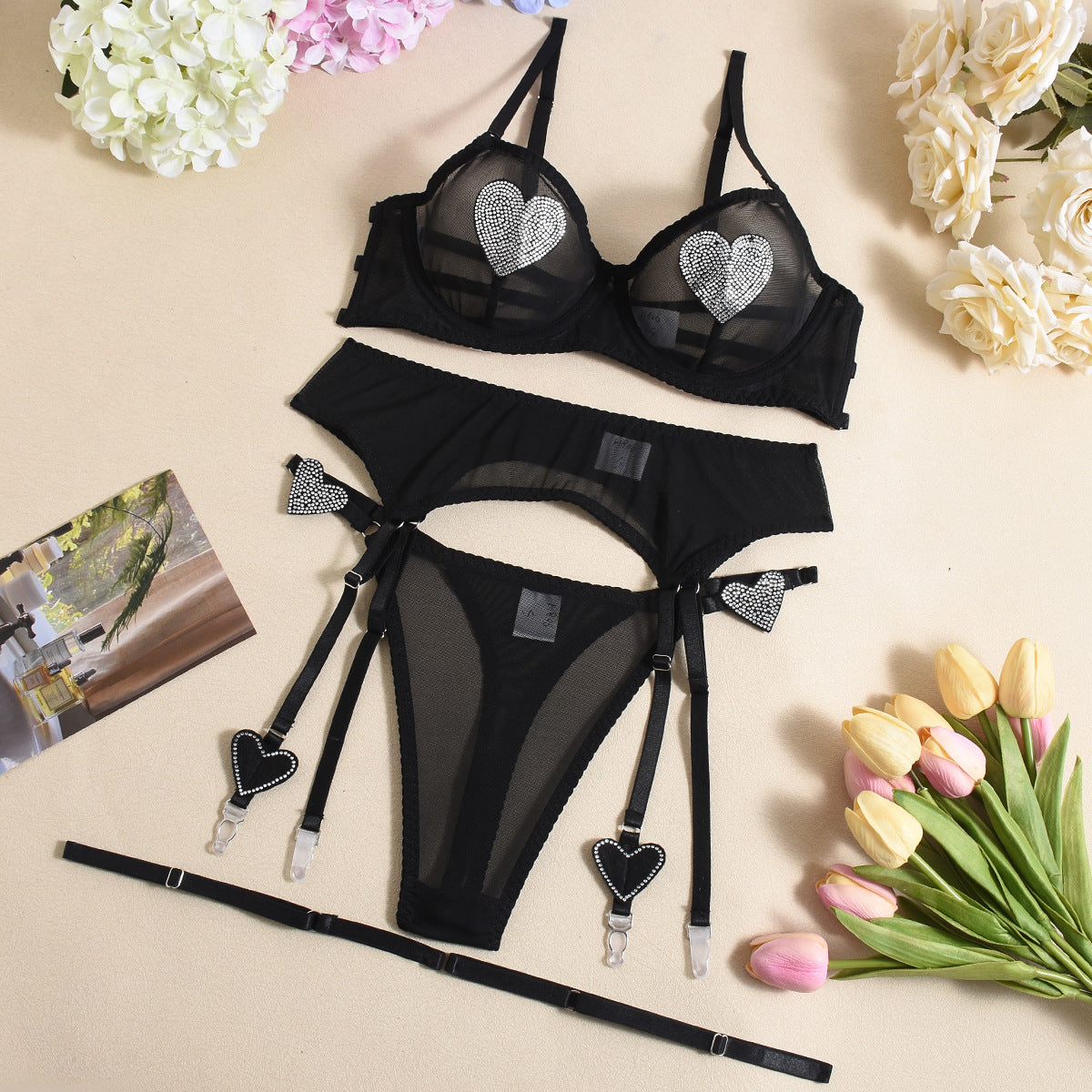 Sexy Mesh Lingerie with Heart Stickers