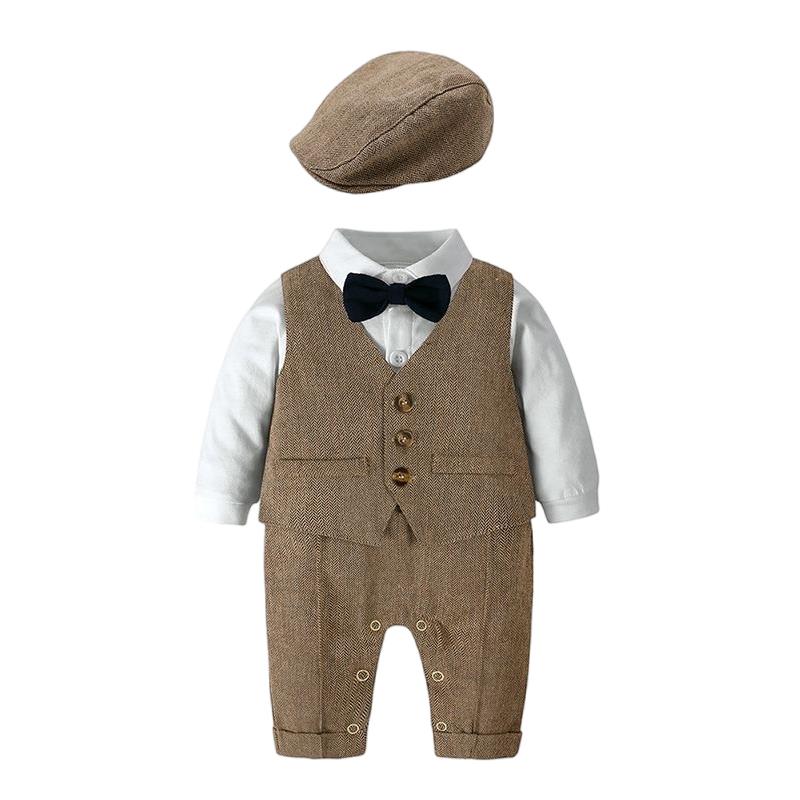 Boys Gentleman Suspender Romper Vest Set Short Sleeve Bow Tie Casual Two Piece Outfit