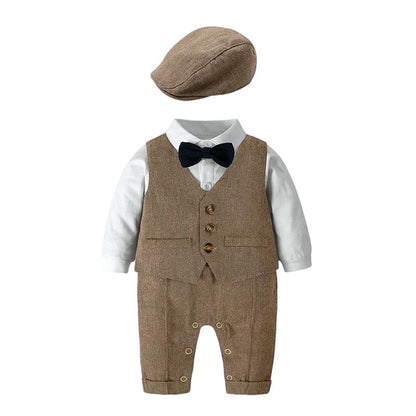 Boys Gentleman Suspender Romper Vest Set Short Sleeve Bow Tie Casual Two Piece Outfit