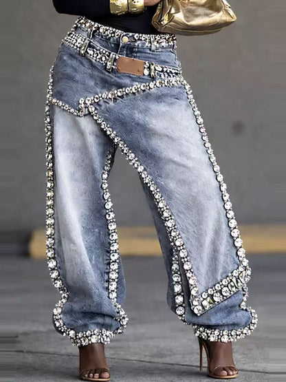 Gelaagde denim broek met strasssteentjes en wijde pijpen
