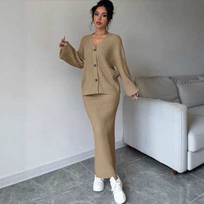 Womens V Neck Slim Knitted Striped Casual Suit