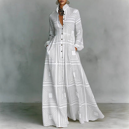 Elegant Waist-Cinching Floral Printed Long Sleeve Dress for Women