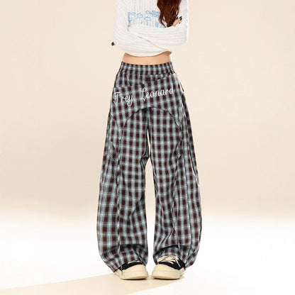 Losse wijde geruite broek met hoge elastische taille