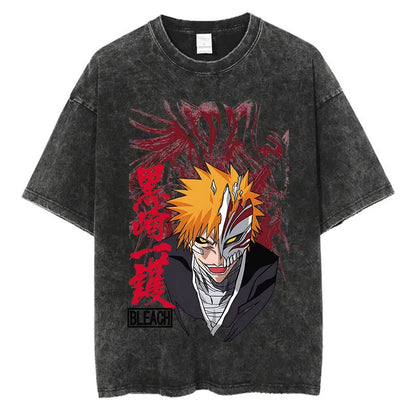 Anime Printed T-Shirt Summer Cotton Washed Vintage Short Sleeve