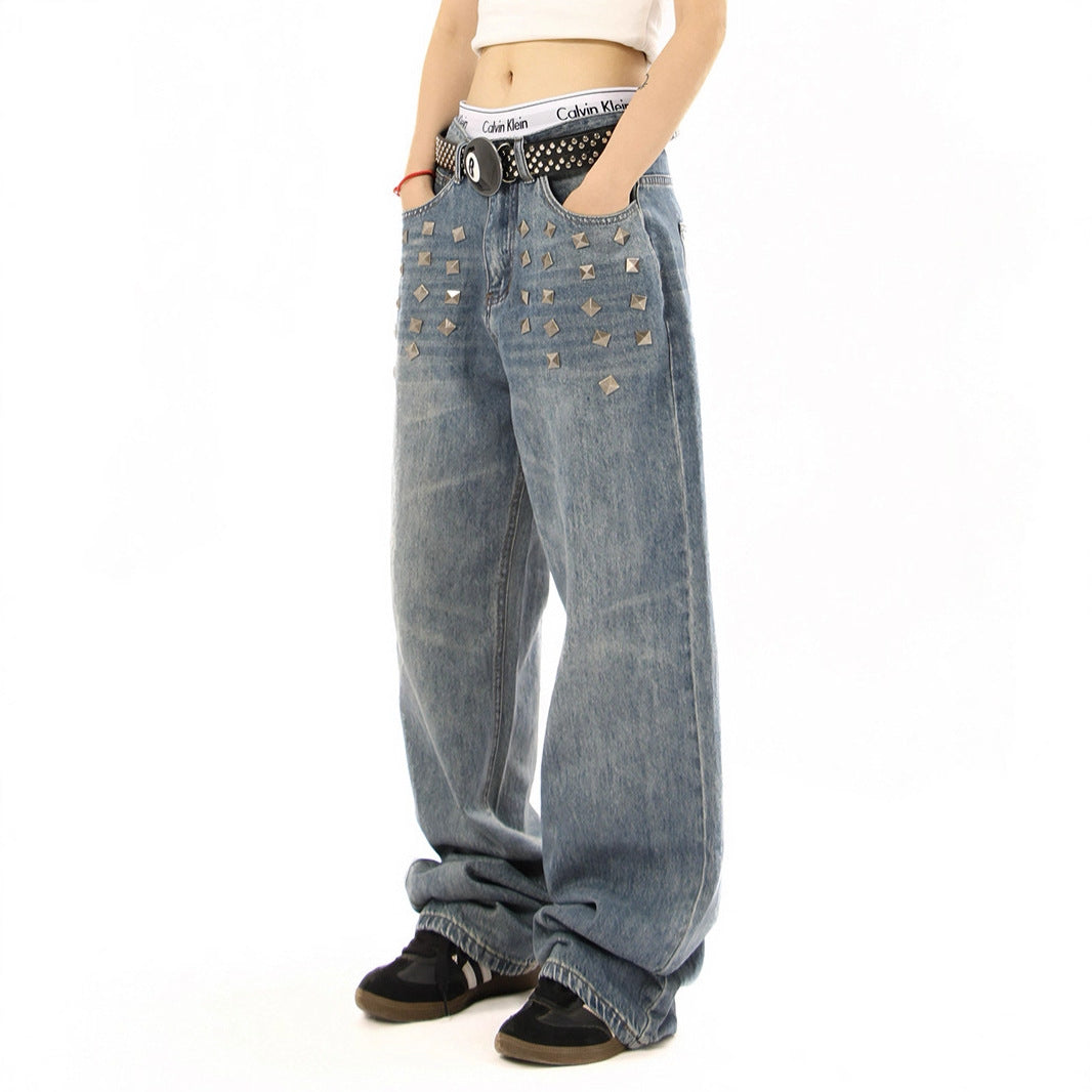 Gekraste denim jeans stoer design met vierkante studs