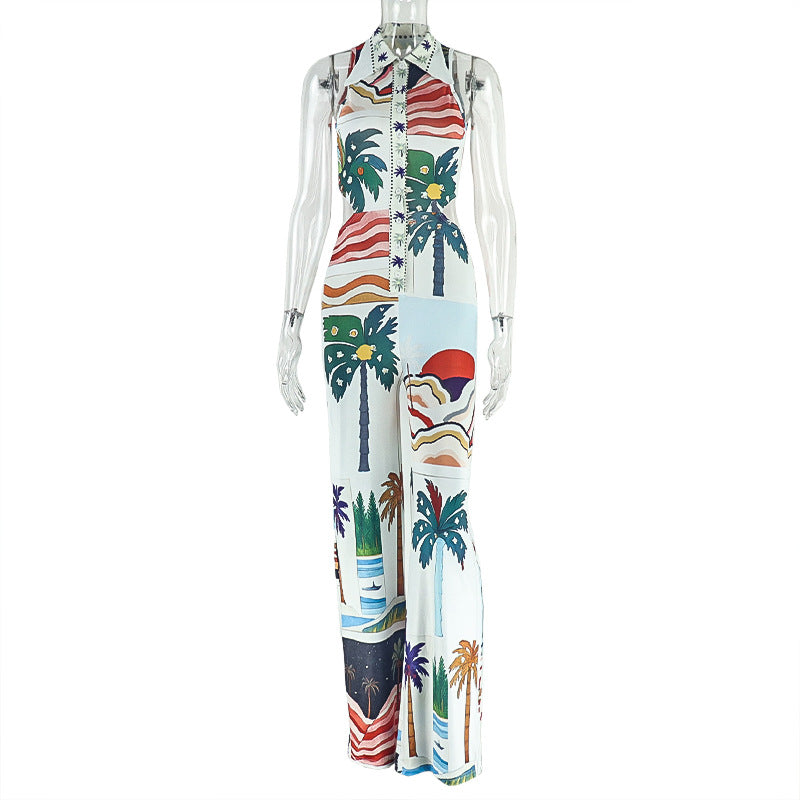 Casual vakantiejumpsuit voor dames met V-hals halternek open rug knopen en wijde pijpen