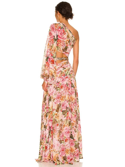 Summer Floral Print One Shoulder Maxi Dress Sexy Diagonal Neck Long Sleeve Hollow Out Chain Split Long Dress Evening Party Dress